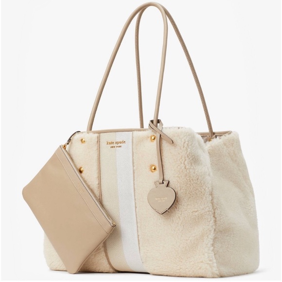♠️kate spade Everything Racing Stripe Faux Shearling Fur Large Tote, Cream, NWT - Picture 1 of 16